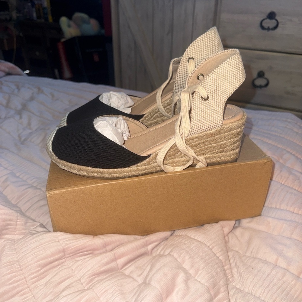 Montce Black and Cream Espadrille Wedge Sandals with Ankle Ties